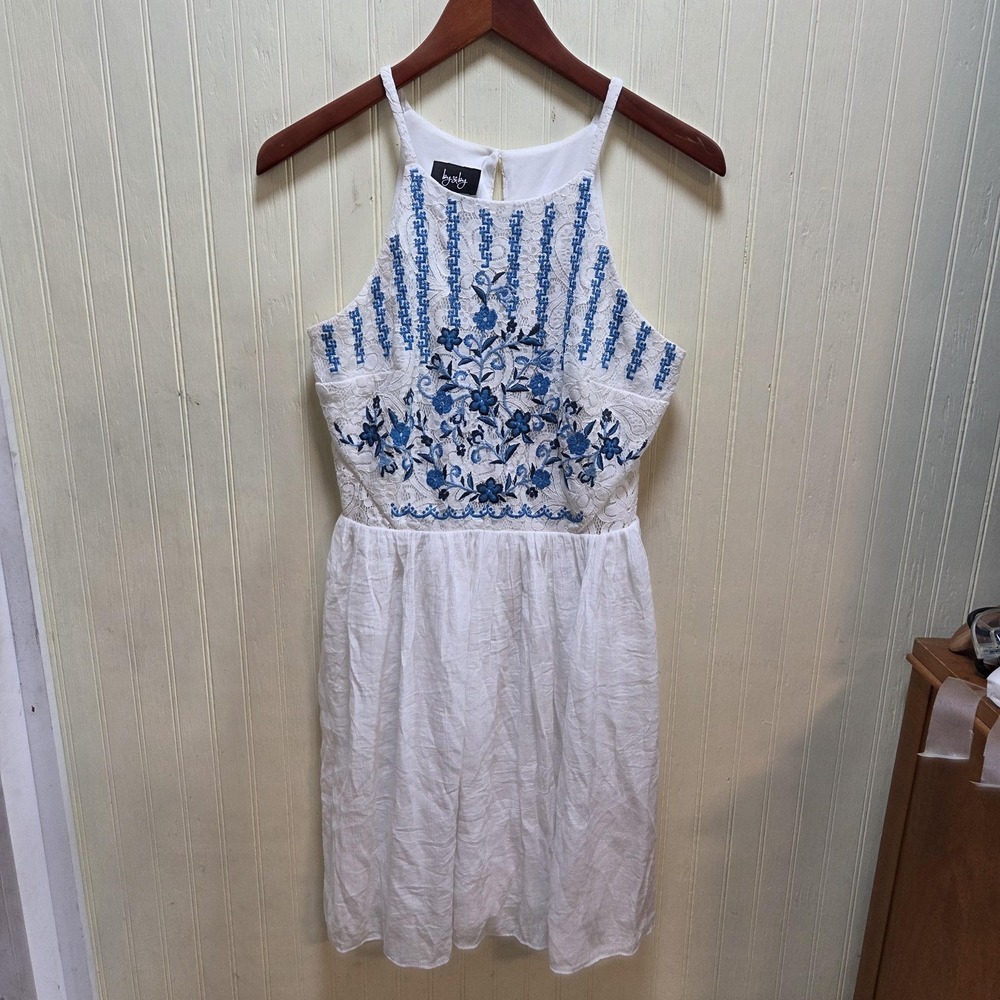 By & By Dress Juniors 9 White Floral Embroidered Lace Halter Fit & Flare Short